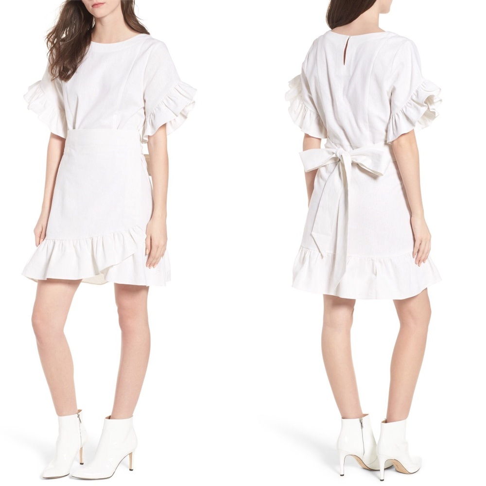 Socialite White Ruffle Tie Waist Poplin Dress S